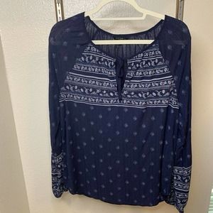 Lucky Brand blue, white long sleeves floral boho blouse Top Size Large NWOT